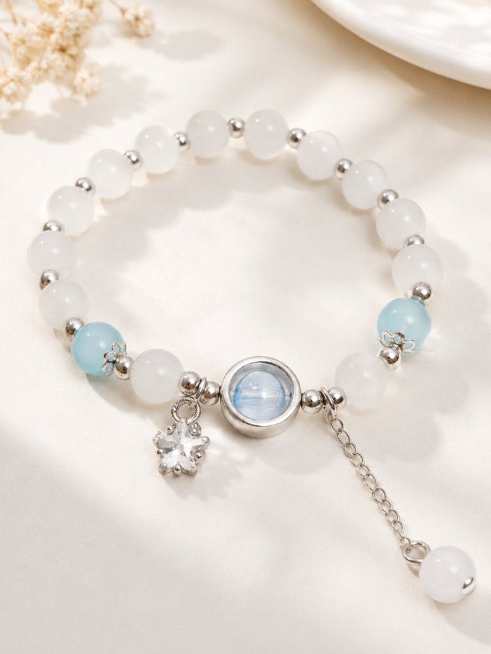 White Light Blue Beaded Bracelet Silver Star Charm Chain